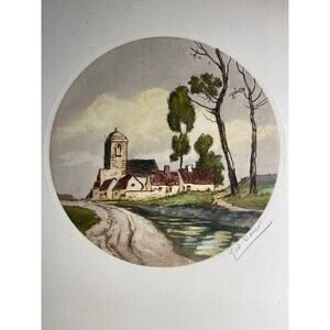 Geo Worn — Hand-Colored Etching Village Scene by River, European Landscape